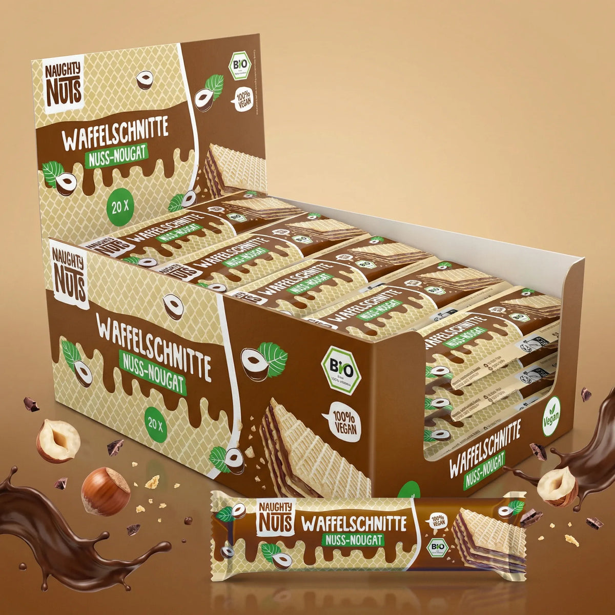 Bio Waffelschnitte Nuss-Nougat Display mit 20 einzeln verpackten Riegeln und Haselnüssen