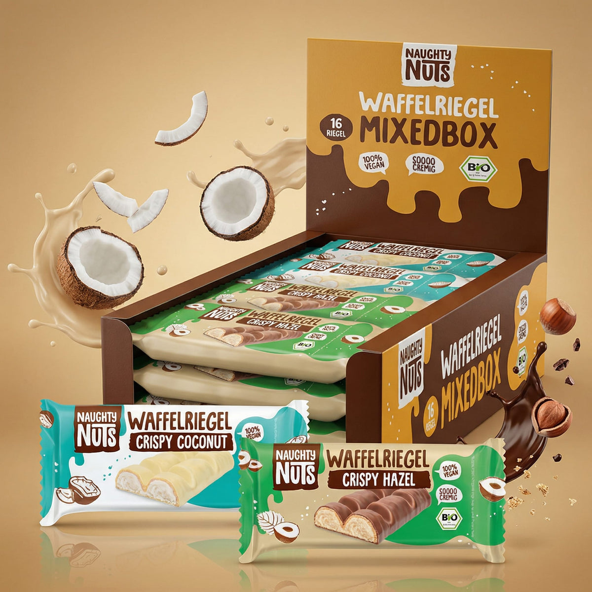 Bio Schoko-Waffelriegel Mixed Box mit Kokos- und Haselnussgeschmack