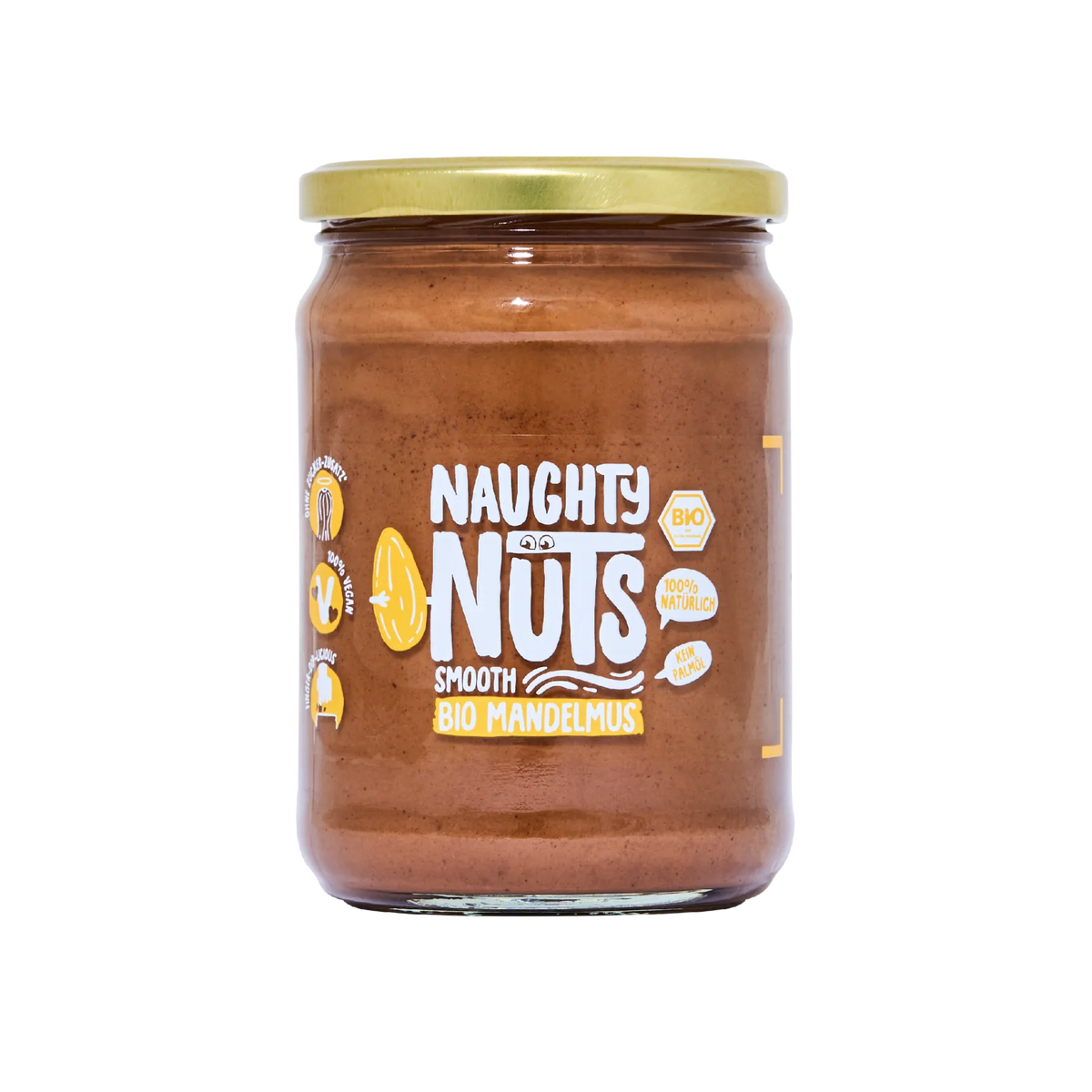 Bio Mandelmus Smooth im 500g Glas mit Naughty Nuts Logo