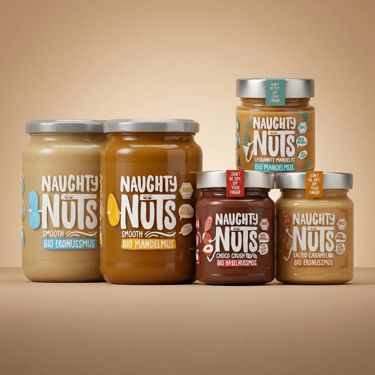 Nussmus Einsteiger Paket mit fünf Gläsern Naughty Nuts Nussmus