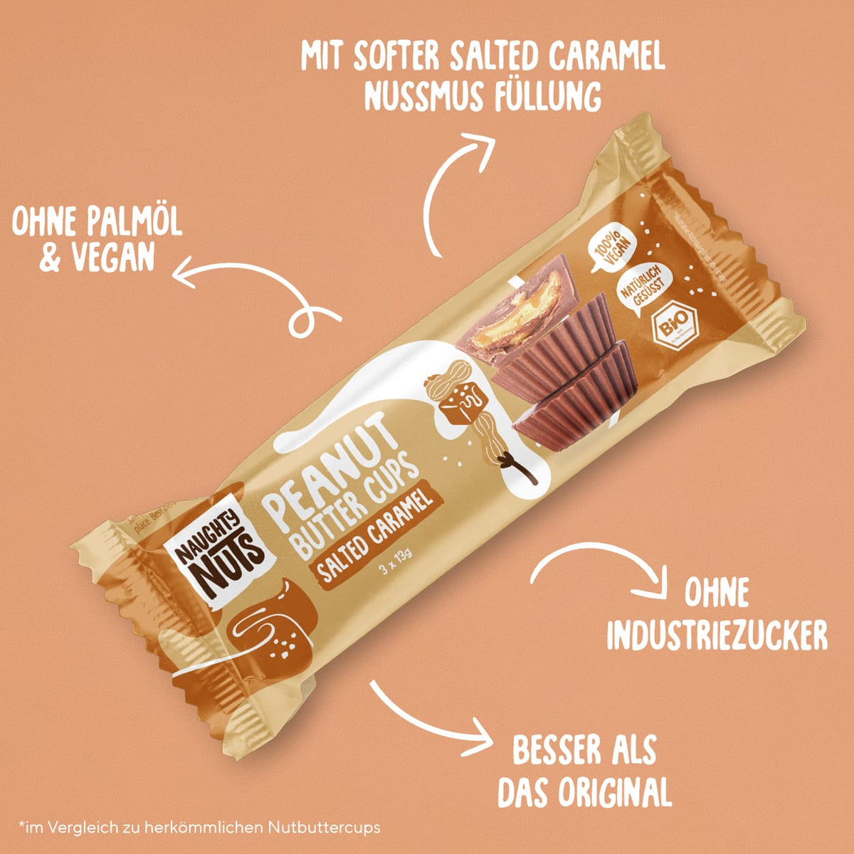 Bio Peanut Butter Cups Salted Caramel Verpackung mit Produktmerkmalen