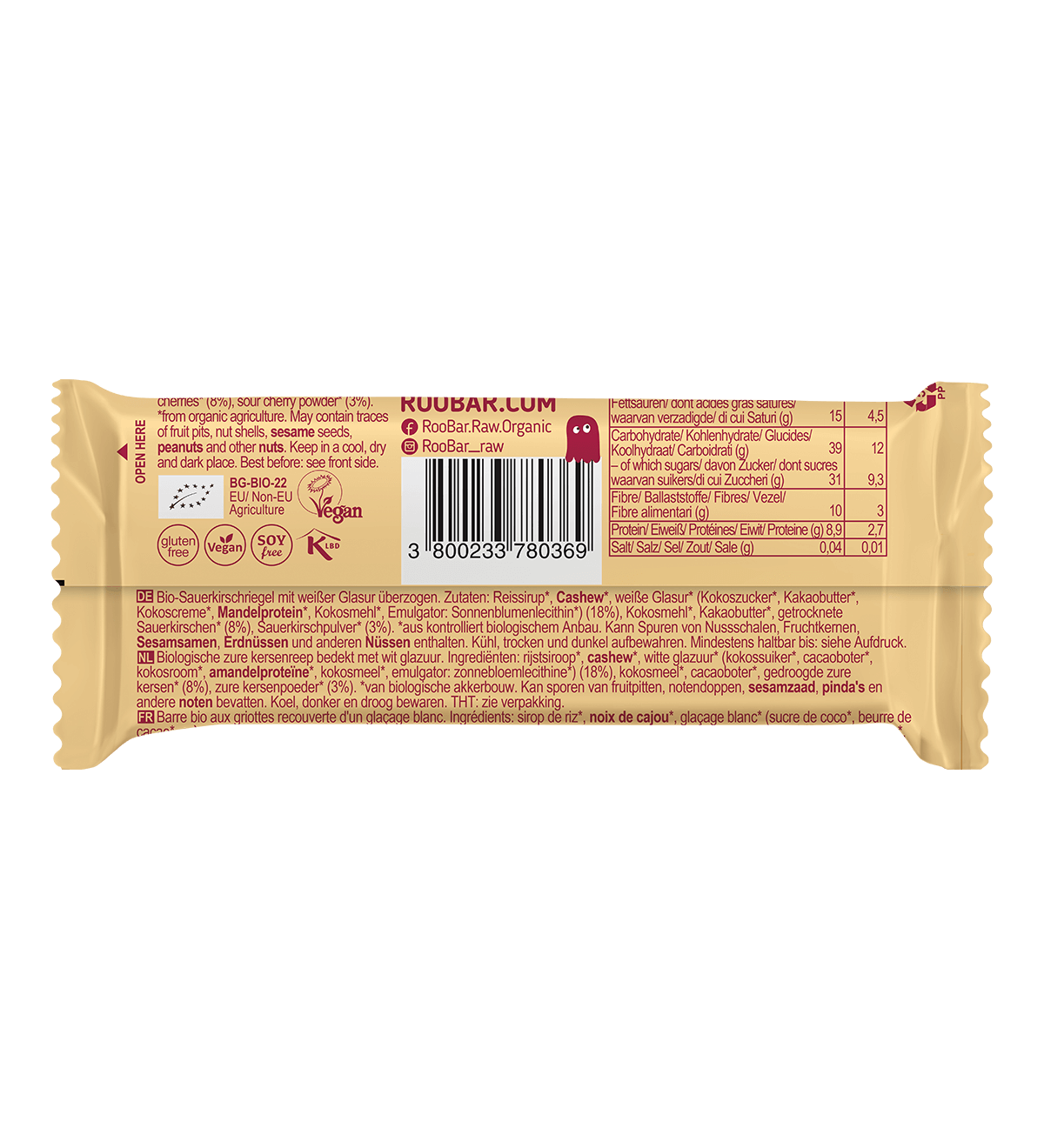 Roobar Schoko-Riegel Bio Riegel mit weißer Schokolade und Sauerkirsche