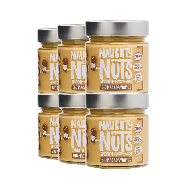 Sechs Gläser Bio Macadamiamus Smooth von Naughty Nuts
