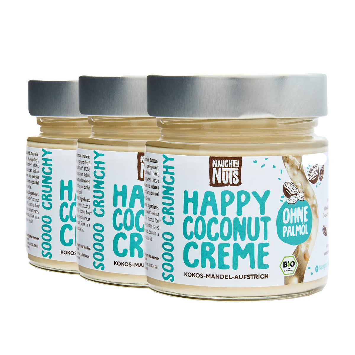 Drei Gläser Happy Coconut Creme Kokos-Mandel-Aufstrich mit Naughty Nuts Logo und Bio-Siegel