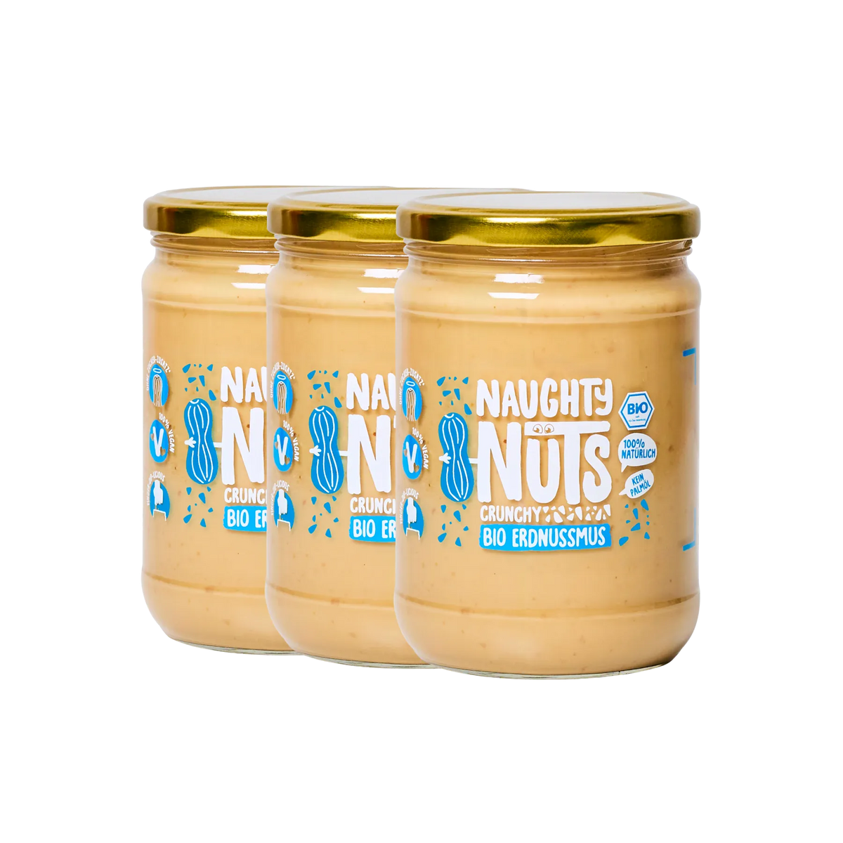 Drei Gläser Bio Erdnussmus Crunchy von Naughty Nuts vor weißem Hintergrund
