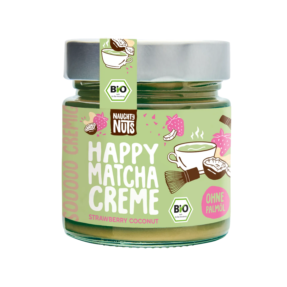 Happy Matcha Creme Erdbeer Kokos Aufstrich in einem Glas mit Bio-Siegel und ohne Palmöl