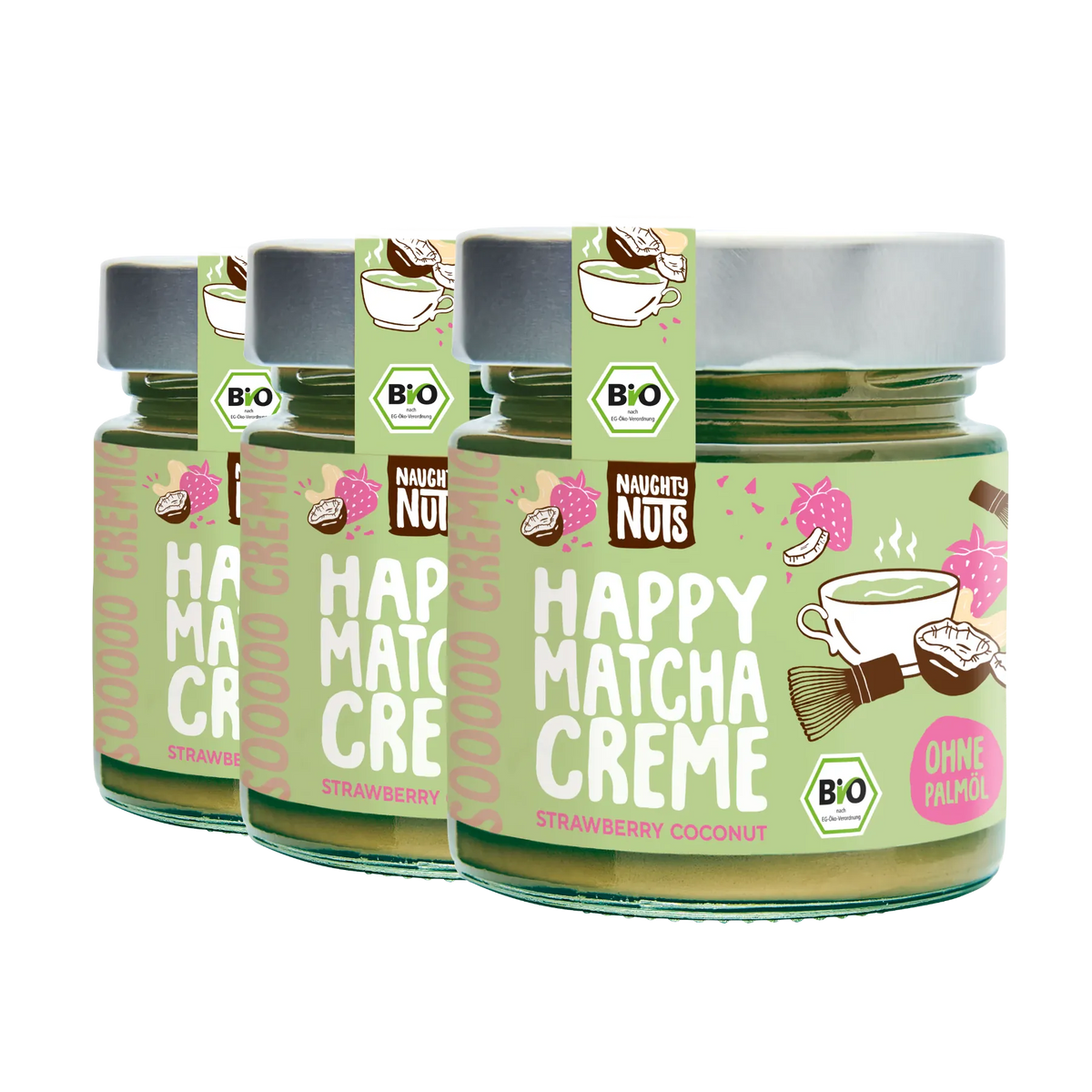 Drei Gläser Happy Matcha Creme Erdbeer-Kokosnuss mit Bio-Siegel und dem Hinweis ohne Palmöl