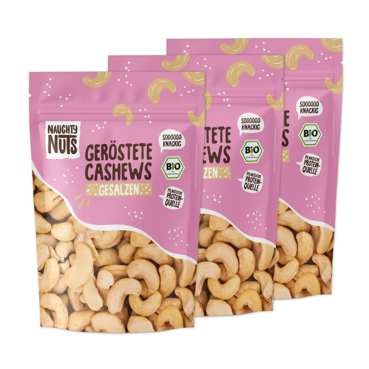 Drei Packungen Naughty Nuts geröstete Cashews gesalzen