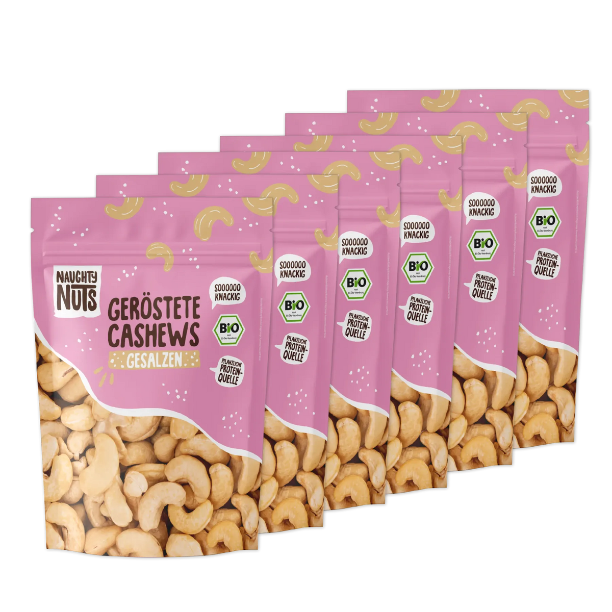 Sechs Packungen geröstete Cashews gesalzen von Naughty Nuts