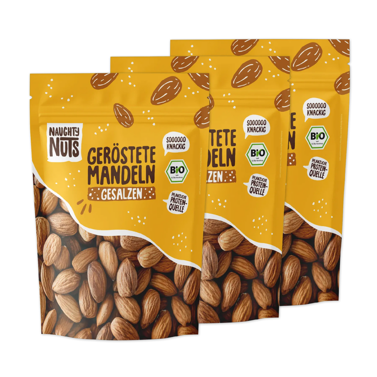 Drei Packungen Naughty Nuts Geröstete Mandeln gesalzen