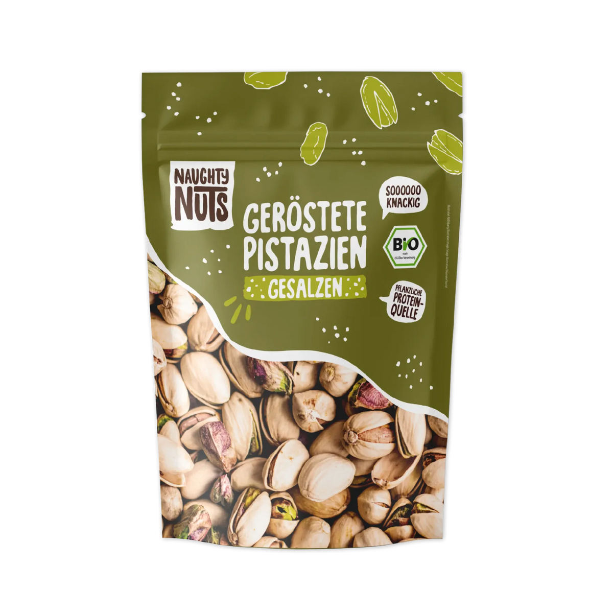 Geröstete Pistazien gesalzen in einer grünen Verpackung von Naughty Nuts