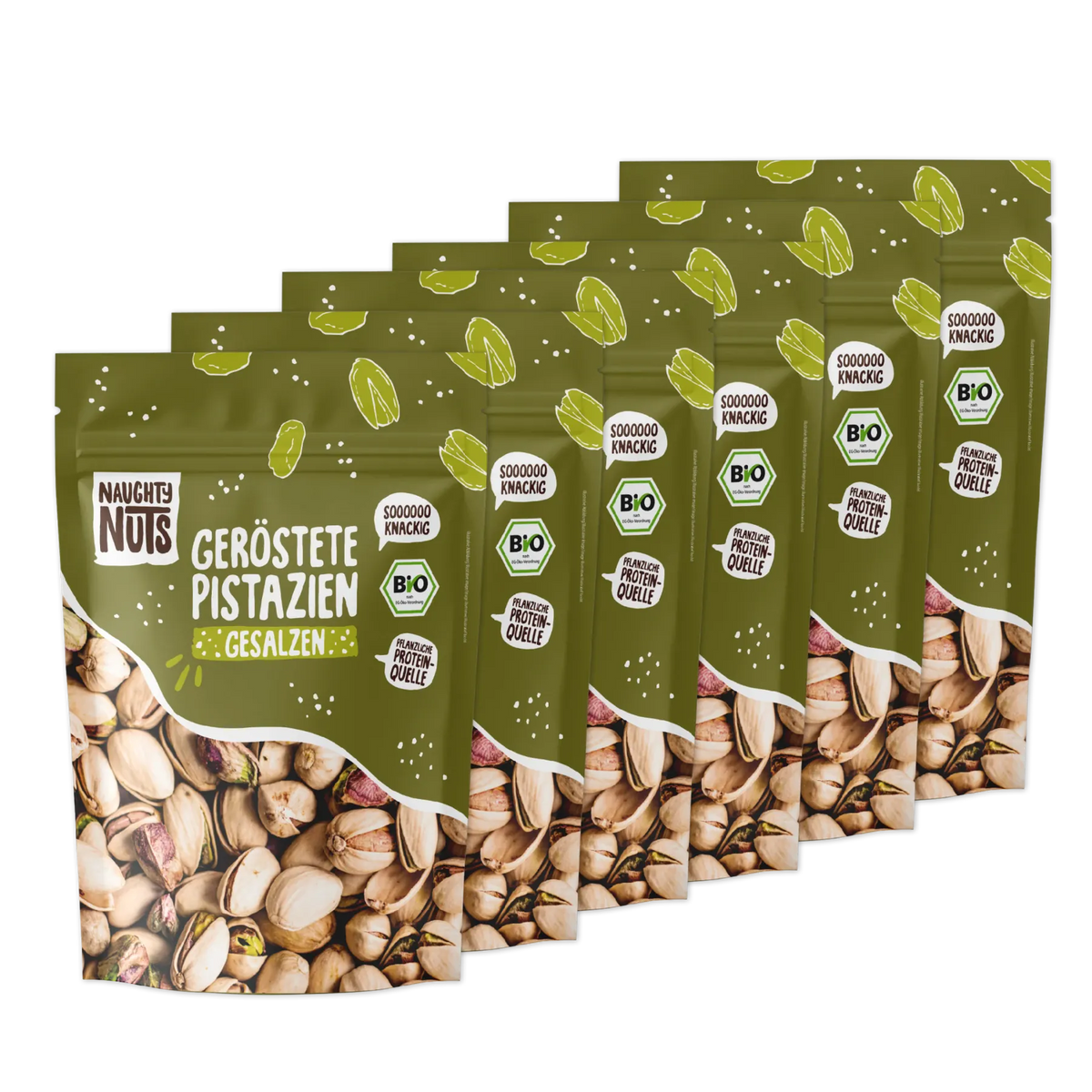 Sechs Packungen geröstete Pistazien gesalzen von Naughty Nuts