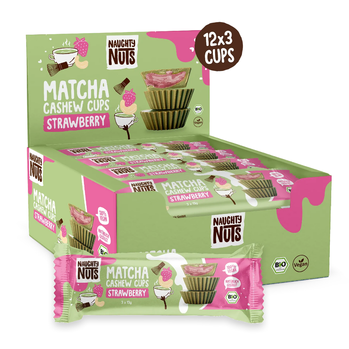 Naughty Nuts Matcha Cashew Cups Erdbeere 12x3er Packung