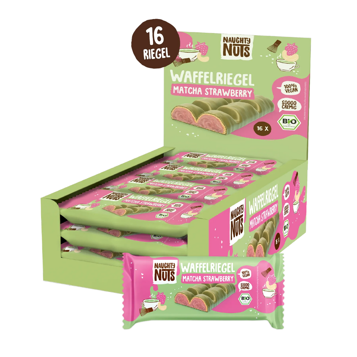 Waffelriegel Matcha Strawberry Displaybox mit 16 Riegeln