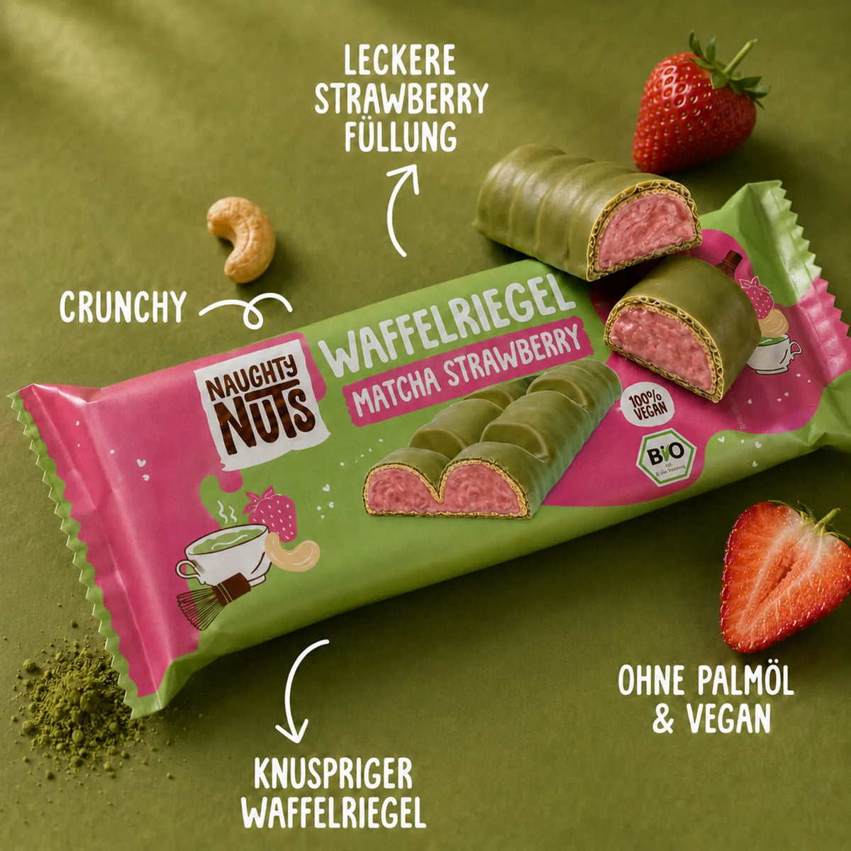 Waffelriegel Matcha Strawberry mit Erdbeerfüllung, Cashew, Matcha-Pulver und frischen Erdbeeren