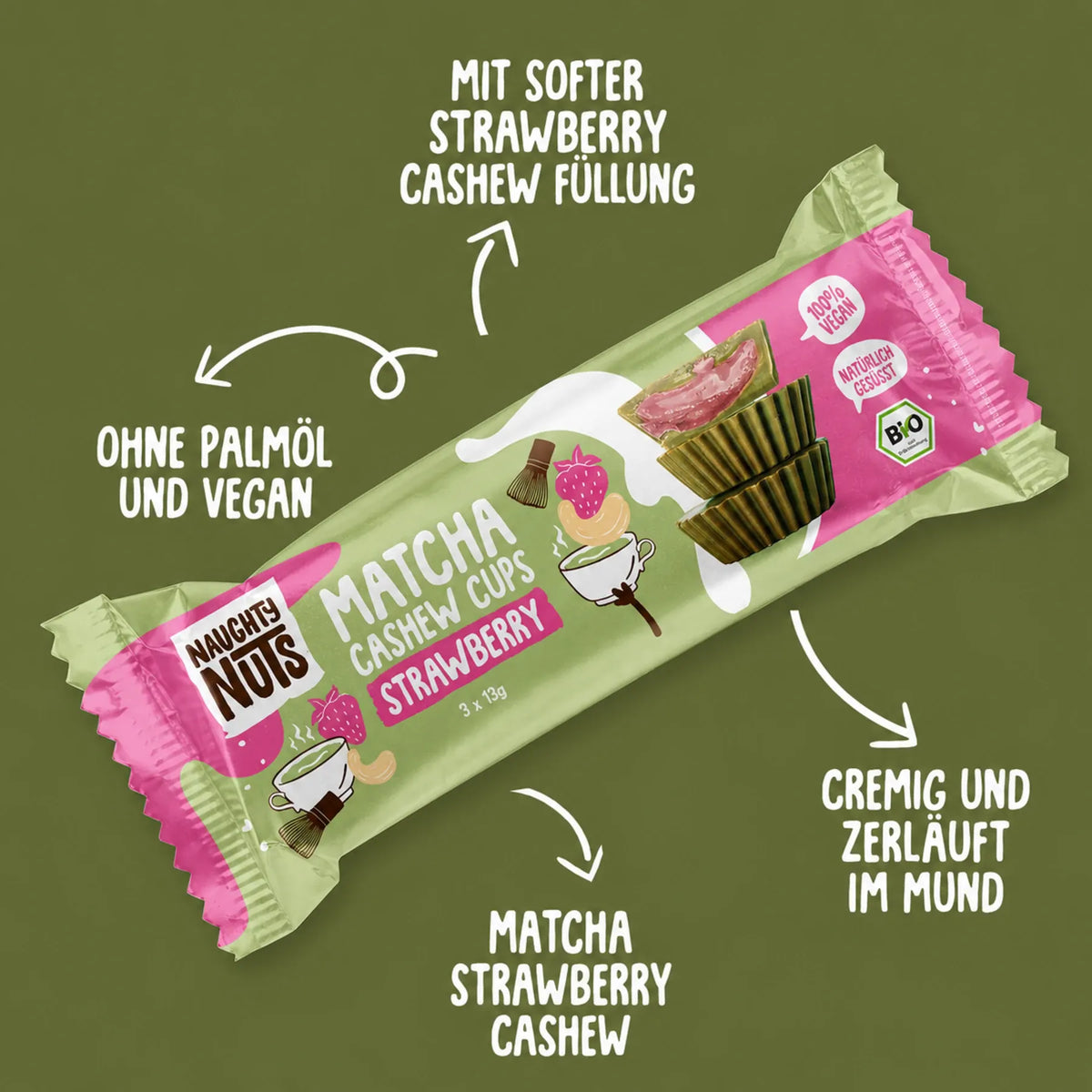 Matcha Cups Cashew Strawberry Riegel mit Erdbeer-Cashew-Füllung