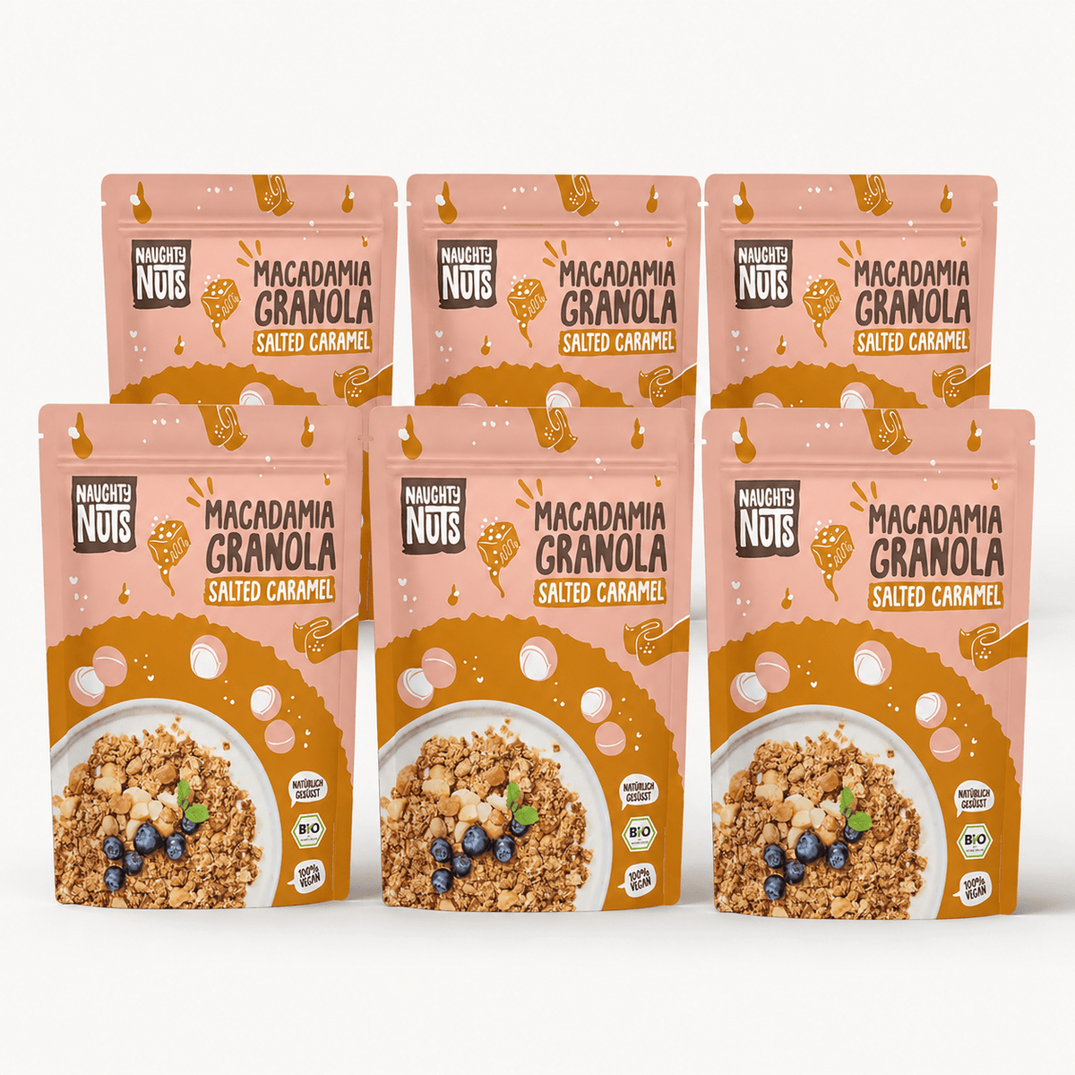 Sechs Packungen Bio Macadamia Granola Salted Caramel
