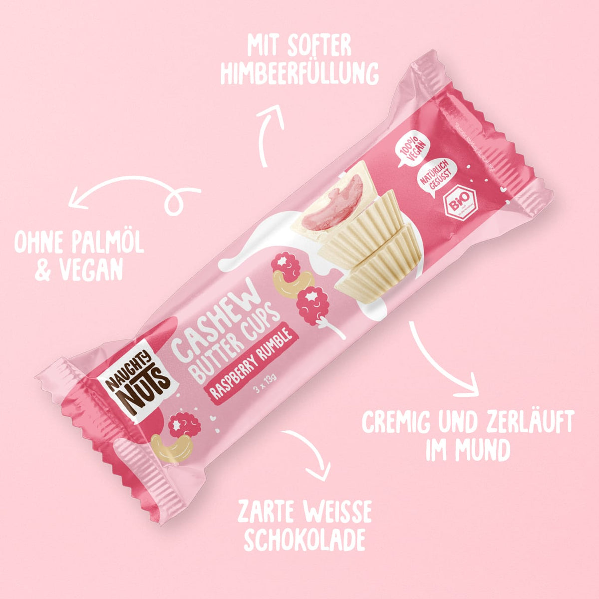 Naughty Nuts Cashew Butter Cups Himbeer-Rumble Packung mit Produktinformationen