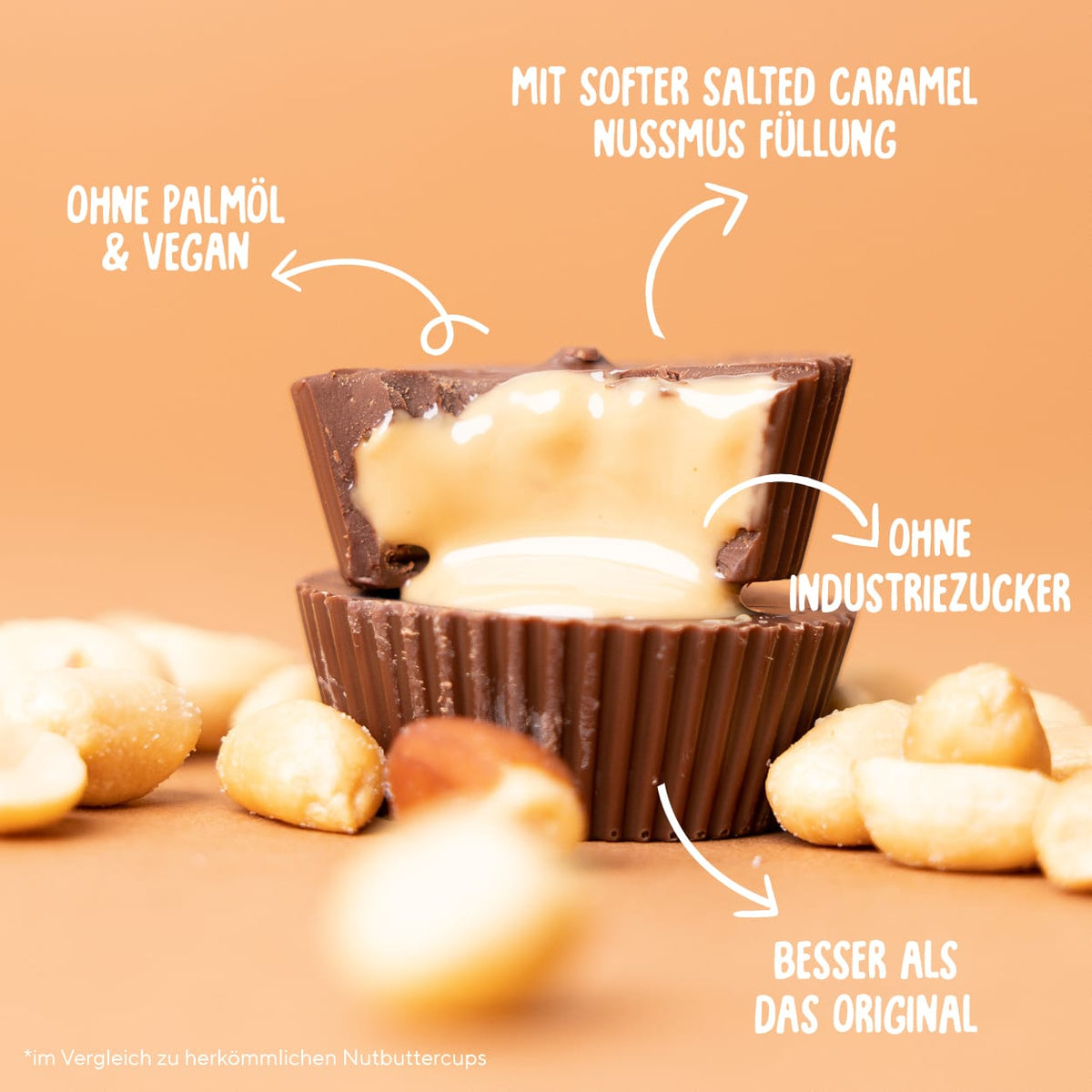 Bio Peanut Butter Cups Salted Caramel mit Füllung und Erdnüssen