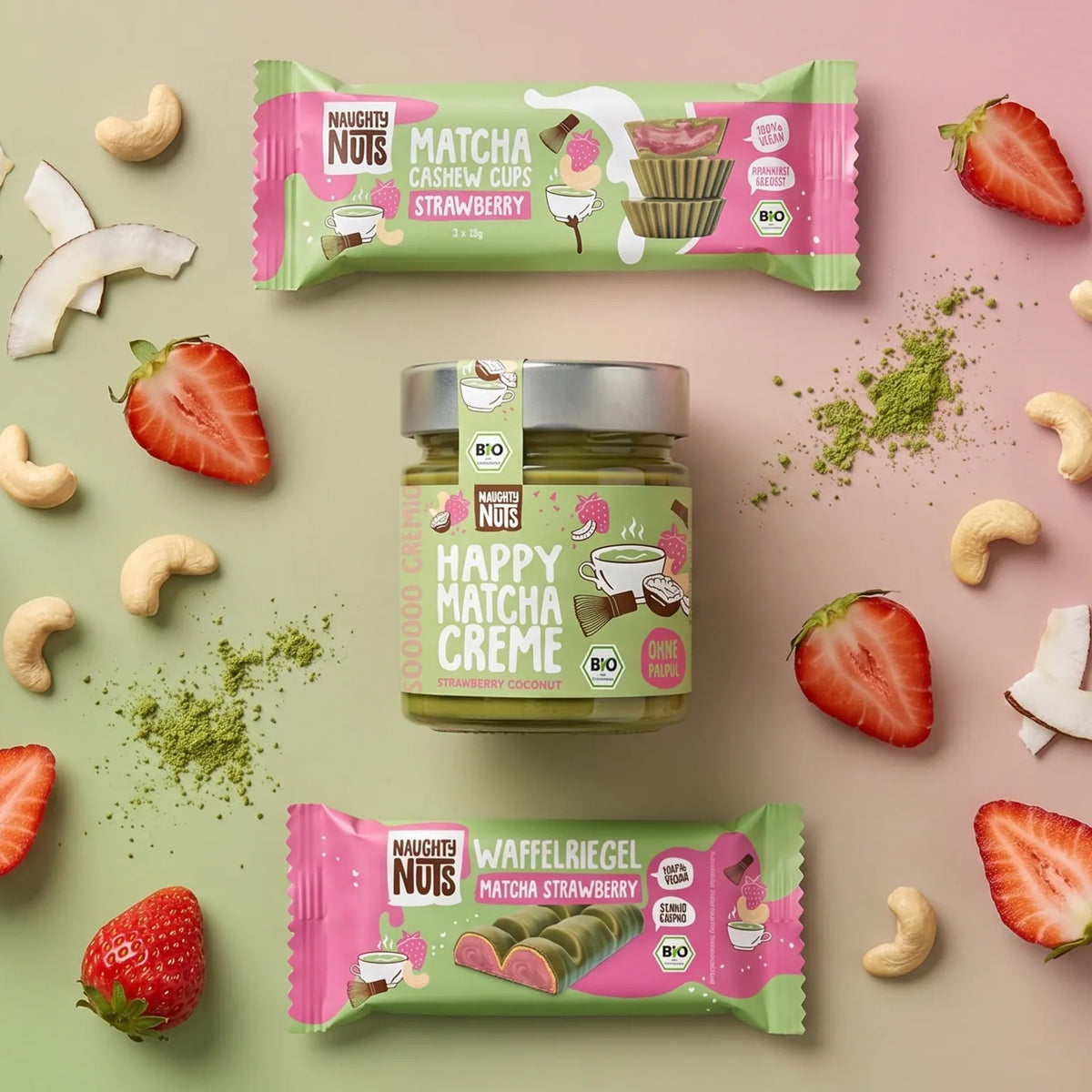 Naughty Nuts Matcha Cashew Cups, Happy Matcha Creme und Waffelriegel mit Erdbeeren und Cashewkernen